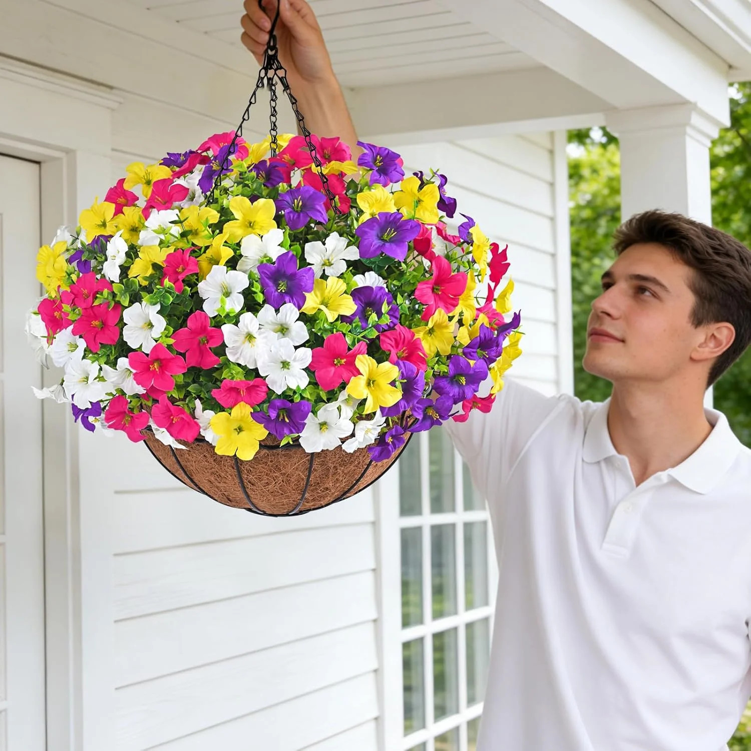 Realistic Artificial Hanging Flowers for Outdoors with Basket, 1 Set Large Size
