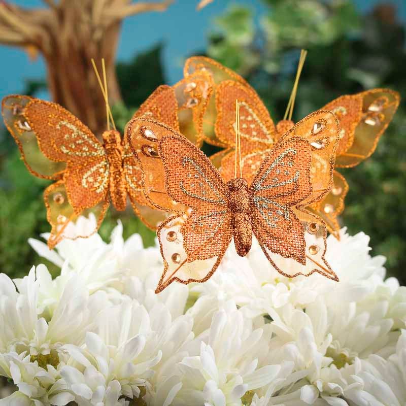 12 Orange Sparkling Glitter & Rhinestone Burlap Artificial 5-1/4″ Butterflies