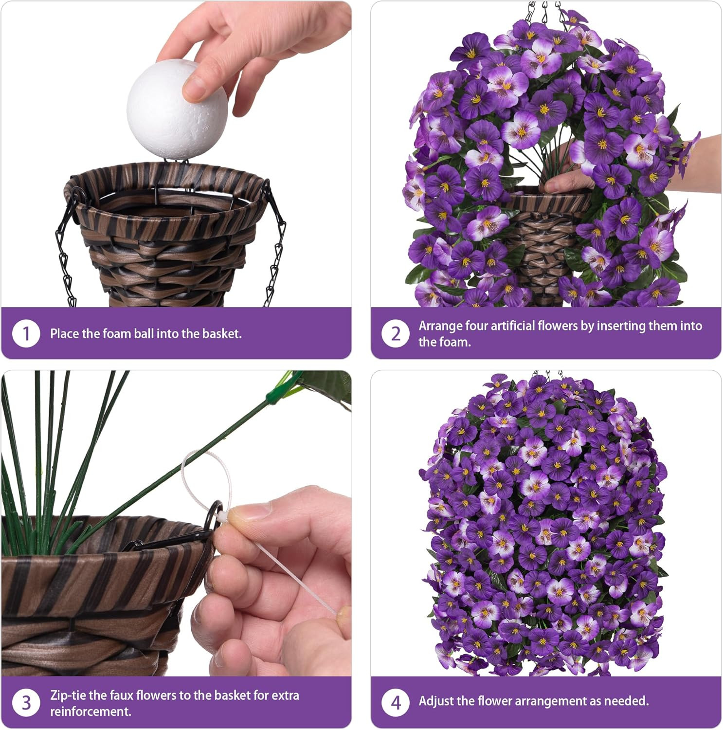 4Pcs Artificial Flowers for Outdoors Fake Pansy with Hanging Basket UV Resistant