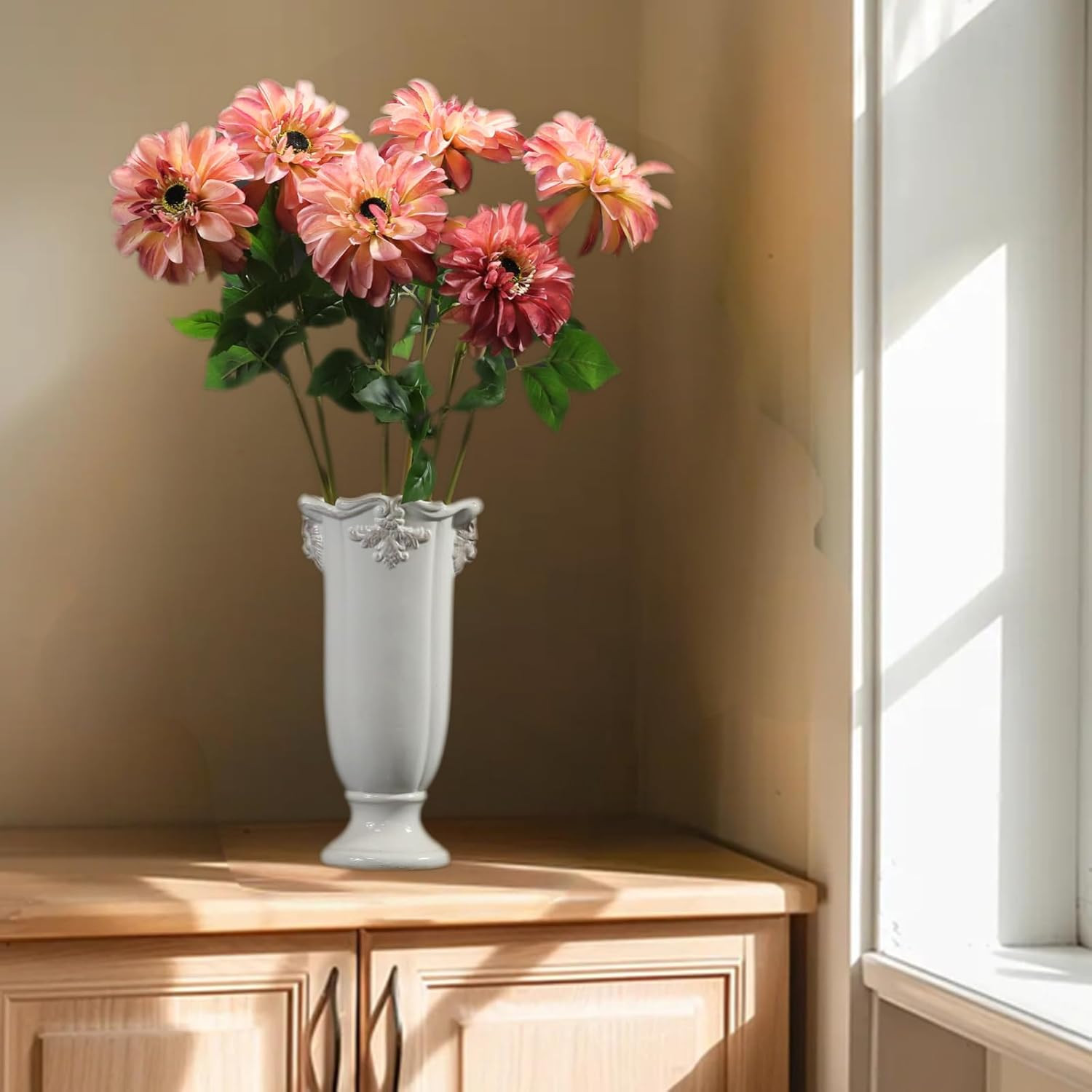 Artificial Chrysanthemums, 6-Stem Fake Flowers for Home Decor, Large Zinnia-Like