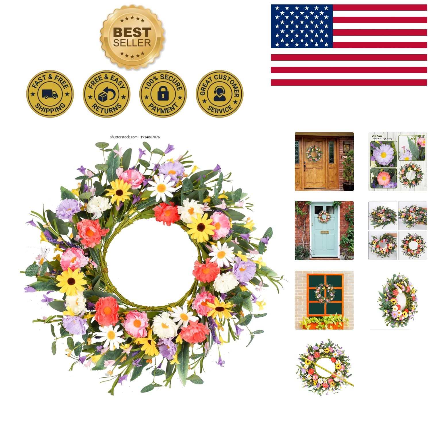 Durable 20-Inch Door Wreath with Purple, Yellow, White Flowers & Eucalyptus