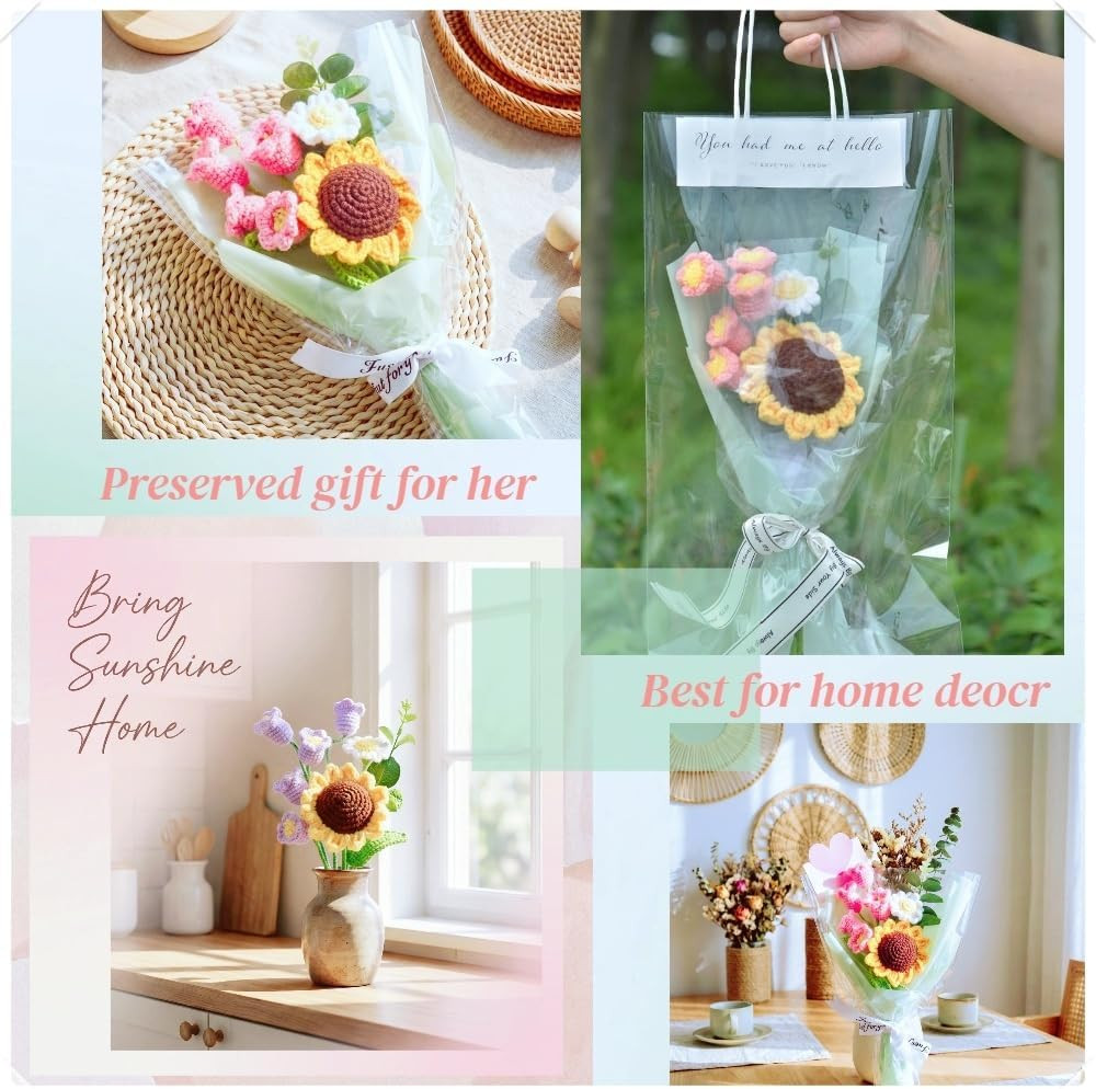Crochet Flowers Bouquet,Hand Knitted Sunflower Daisy Lily of The Valley,Eternal