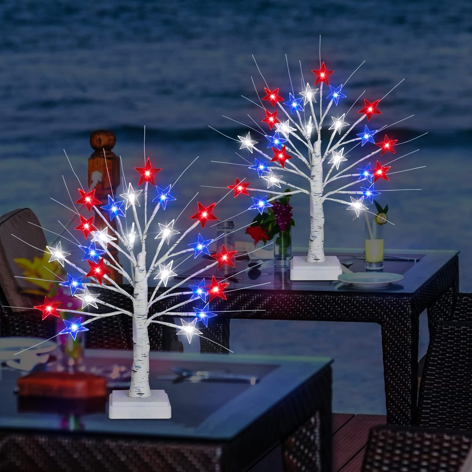 [Timer] 2 Pack 18 Inch 4th of July Patriotic Decorations Tree Light with 24 L…