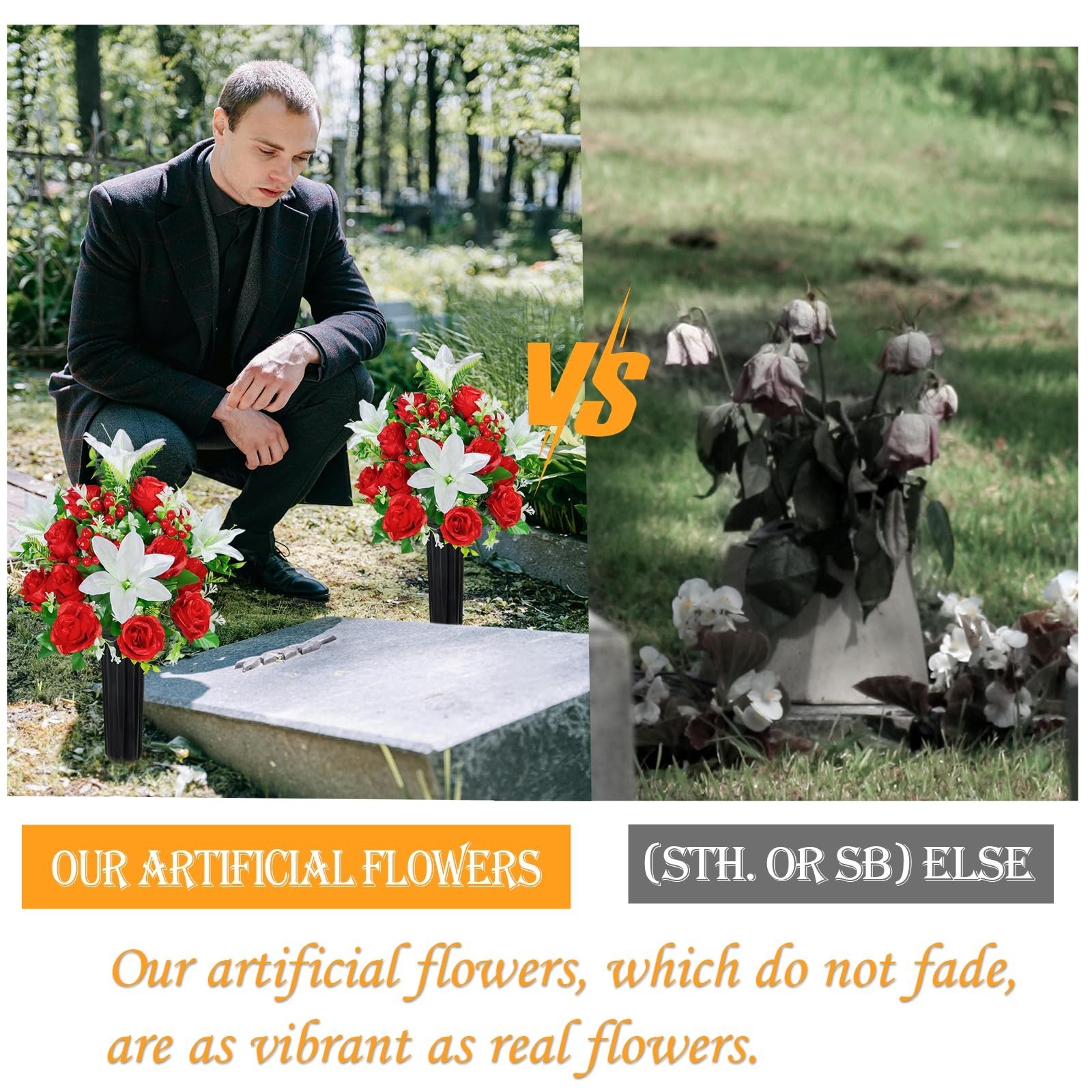 Set of 2 Artificial Cemetery Flowers with Vase – Rose Lily Bouquet for Graveside