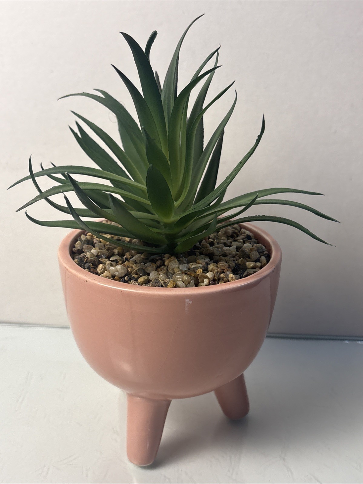 Ceramic Planter w Faux Succulent Pink Tripod Pot Mid Century Style Decor