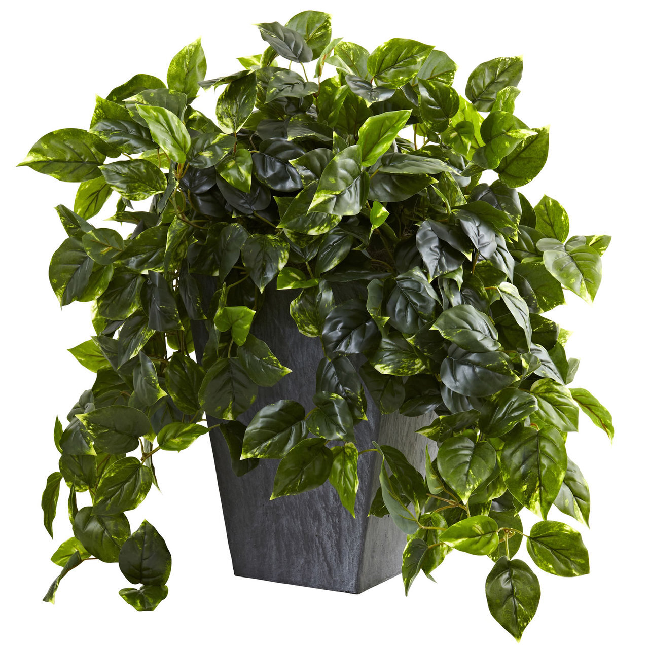 OUTDOOR ARTIFICIAL SILK HANGING POTHOS PLANT ARRANGEMENT w/ SLATE PLANTER