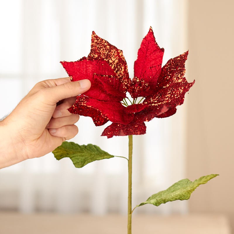 Factory Direct Craft Red Velvet Glitter Poinsettia Stem Holiday Decor