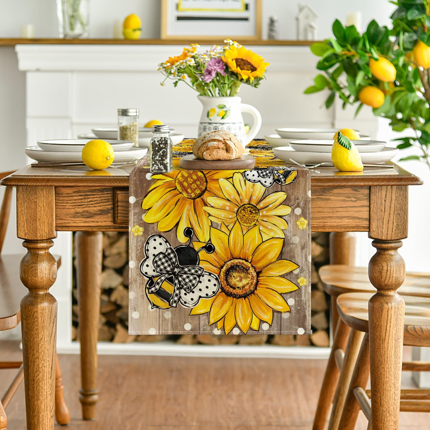 Wood Sunflower Bee Flower Polka Dot Summer Table Runner, Seasonal Kitchen Dining