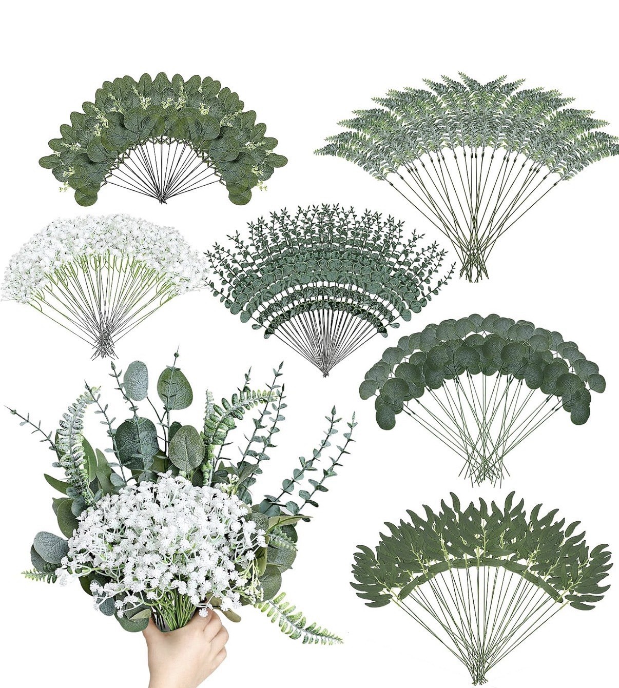 Artificial Eucalyptus & Fern Greenery Stems, Green/White, 17in, Assorted