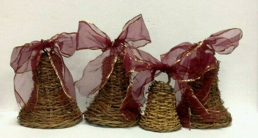 4 Hanging Rustic Wicker Bell Wreath Ornament Christmas Tree Holiday Mantel Decor