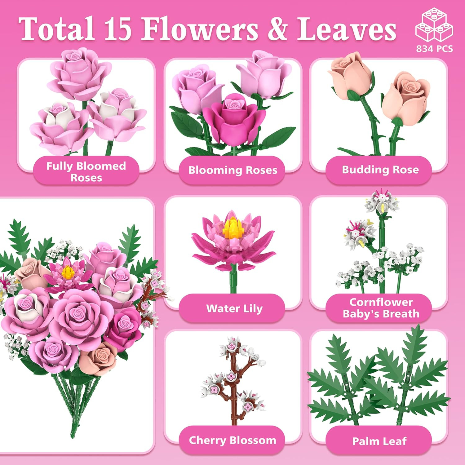 Pink Rose Bouquet Flowers Building Set, 834Pcs Roses Artificial Flowers Botanica