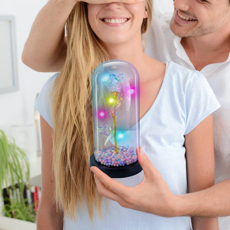 Preserved Eternal Gold Foil Rose In Glass Galaxy Flower Dome LED Light Gift Her