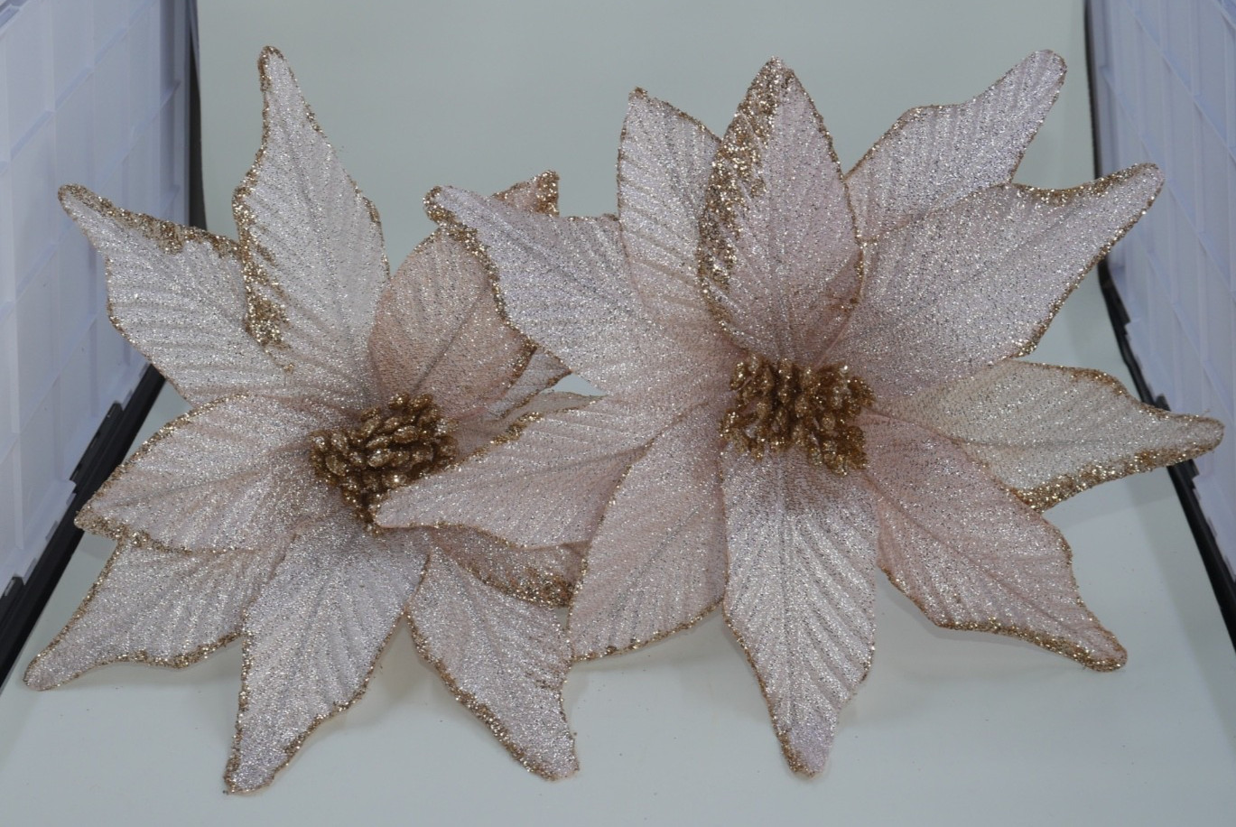 Jumbo Light Pink Poinsettia Gold Sparkle Holiday Christmas Picks 2pc LOT