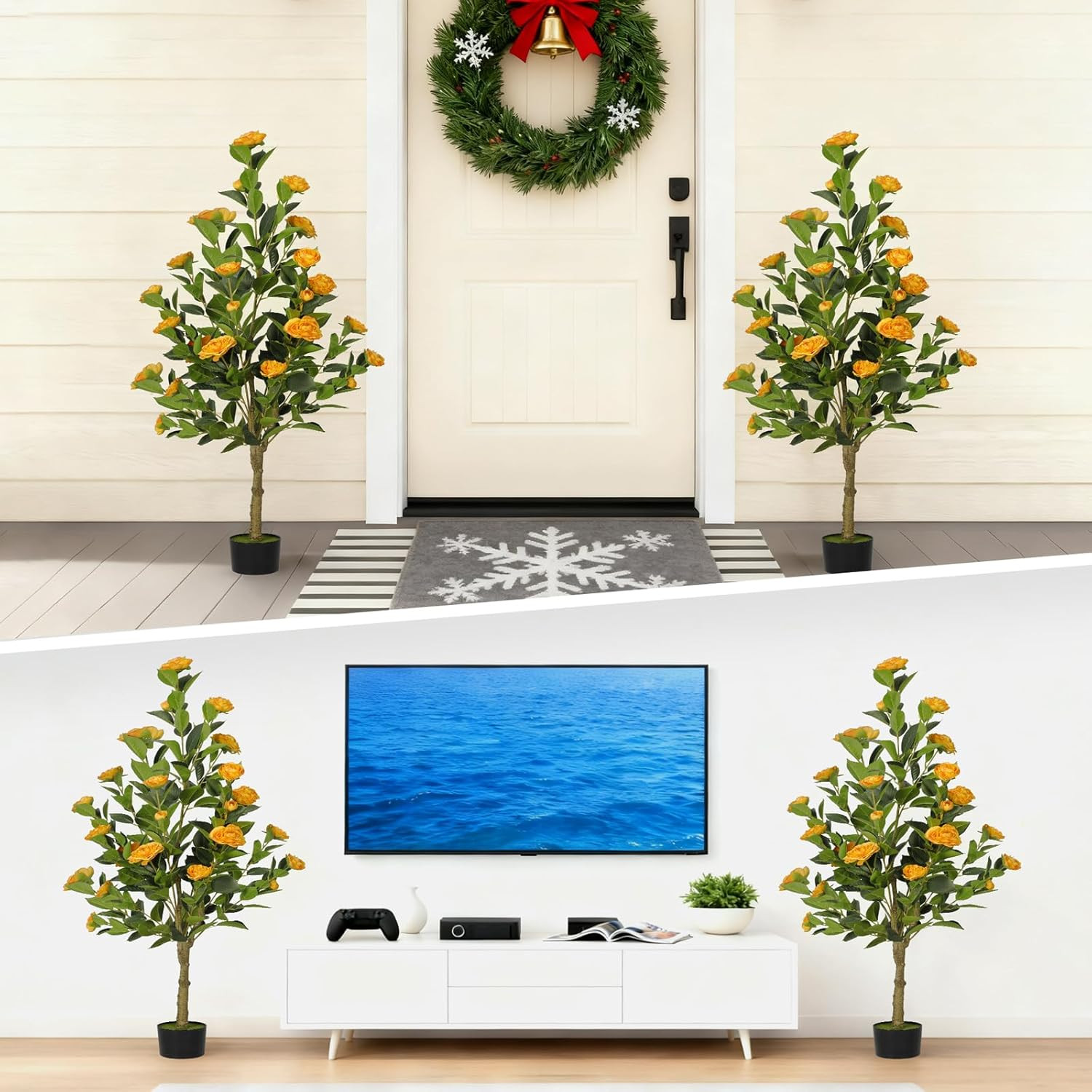 2-Pack 4FT Orange Artificial Camellia Trees for Home & Wedding Decor