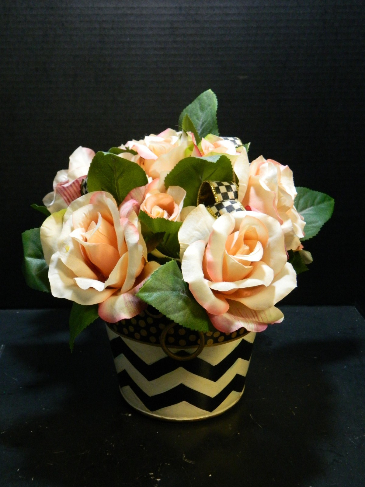 Mackenzie Childs Black & White Zig Zag Flower Pot w/ Flower Arrangement Excel