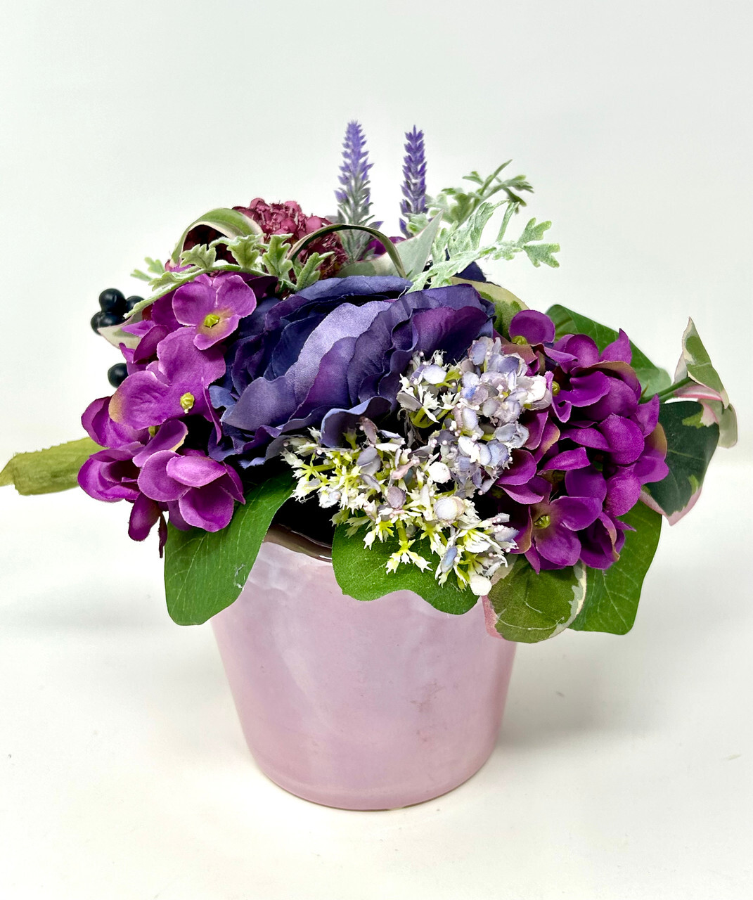 8″ Small Artificial PINK & PURPLE BOUQUET faux Silk flowers potted in VINTAGE Pi