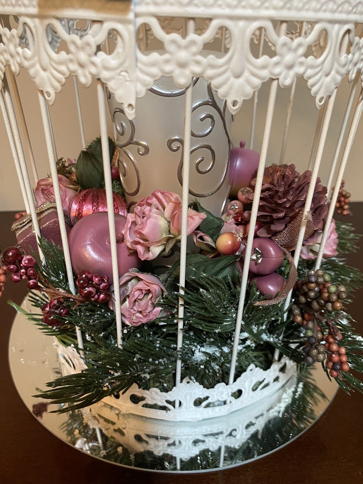 Vintage Christmas Birdcage with Pink Highlights & Pillar Candle