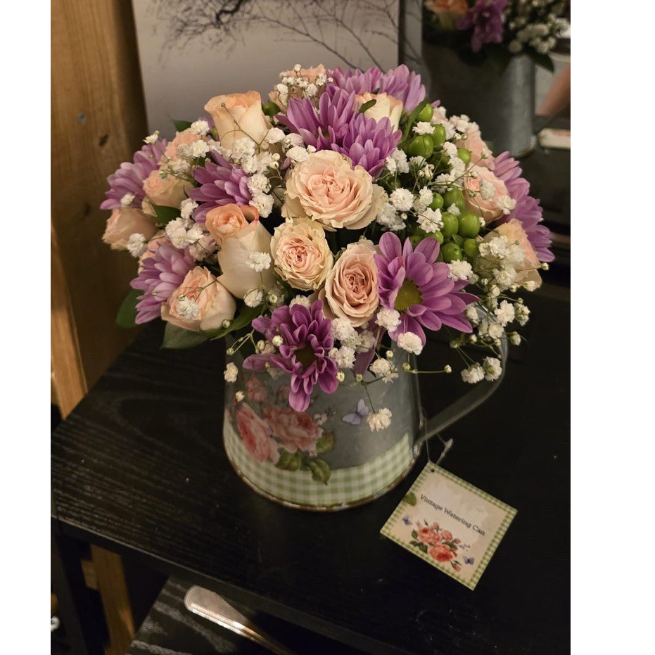 Fresh Flower Arrangement with Pink Roses, Purple Flowers for Mother’s Day