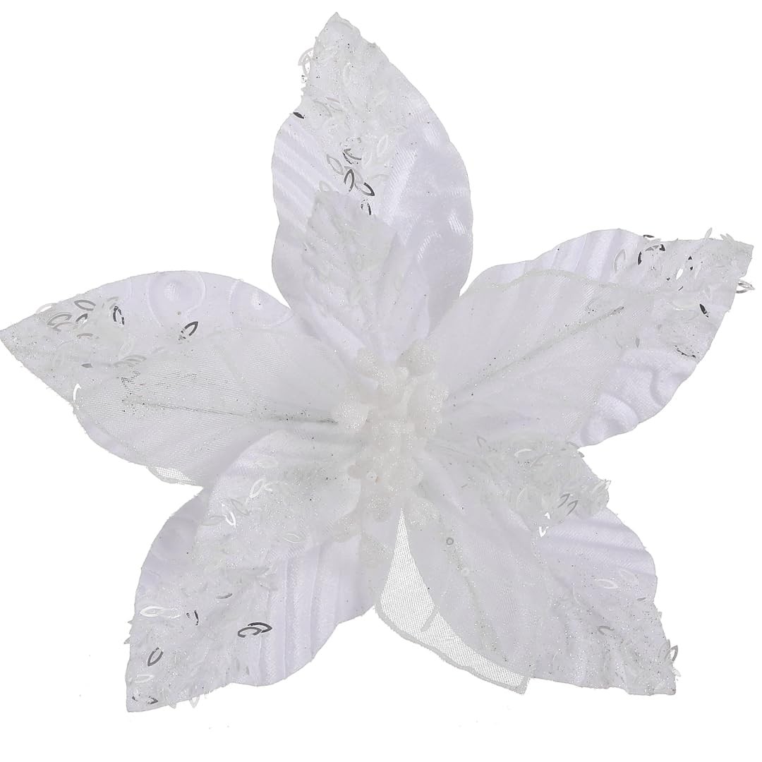 6 PCS 10.7 Inch Pure White Large Velvet Christmas Flowers Artificial Poinsettia