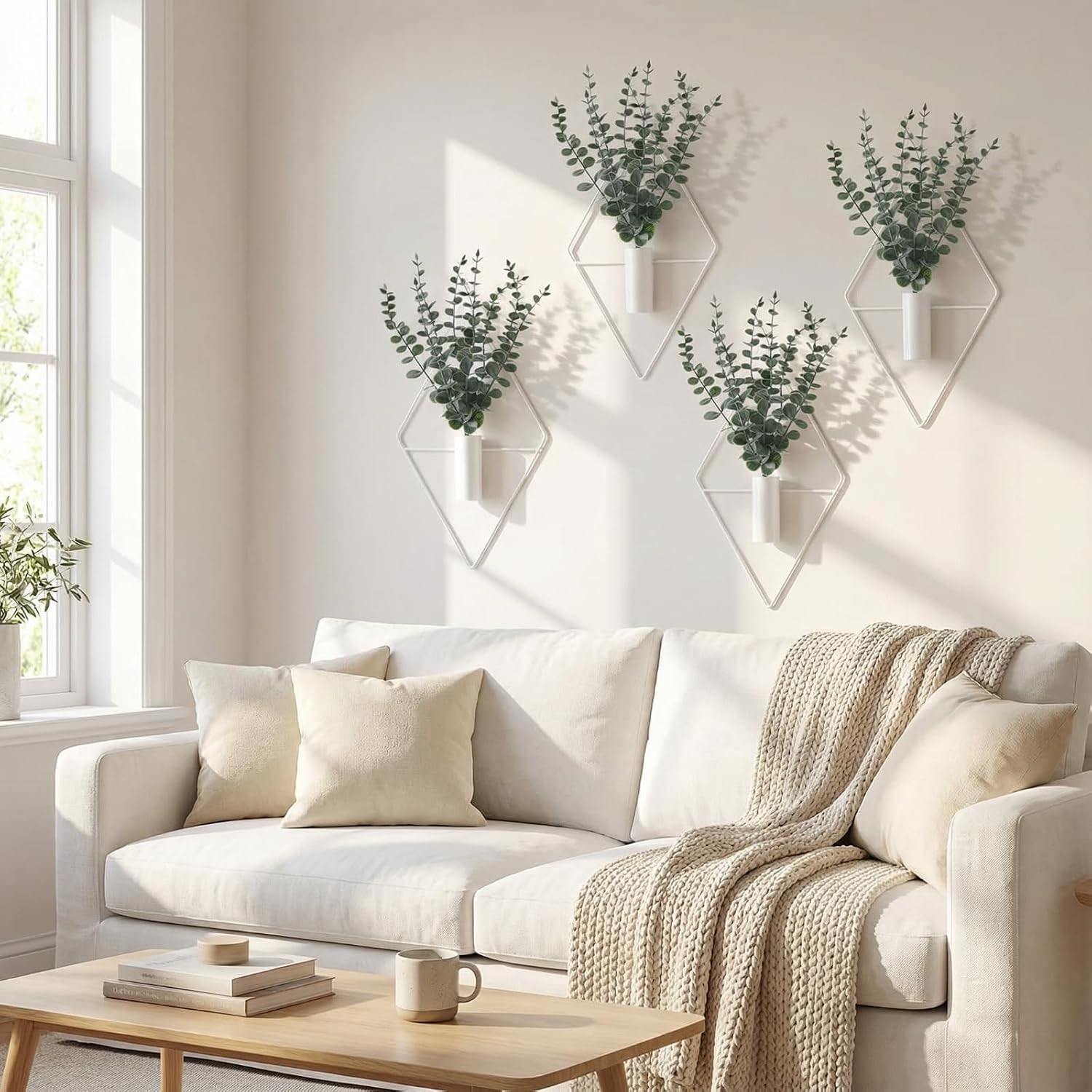 4 Pcs Hanging Planters with Artificial Eucalyptus Metal Hanging Vase Indoor Plan