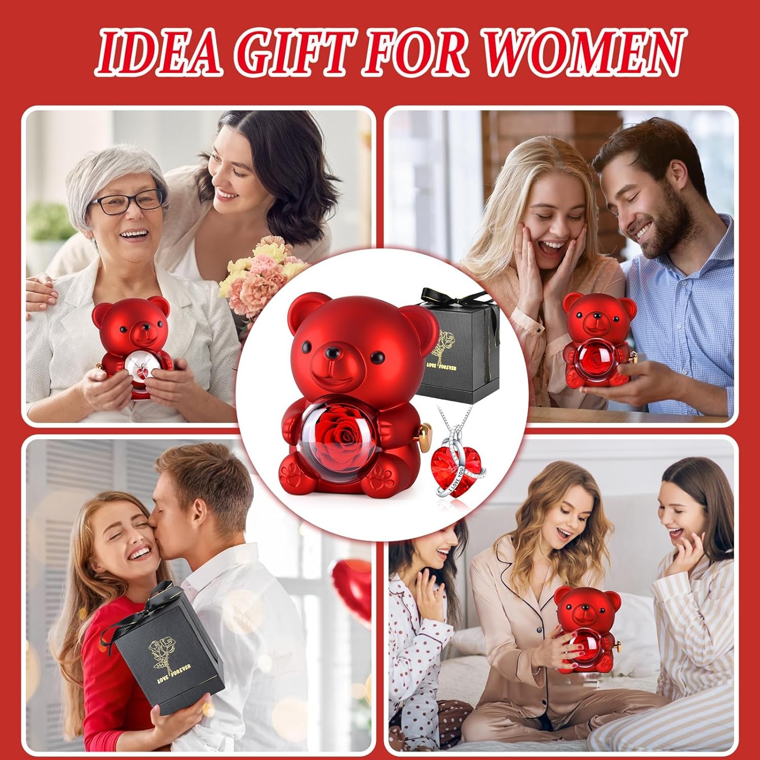 Suturun Cute Teddy Bear with Preserved Rose,Eternal Flowers Rotating Rose Box wi
