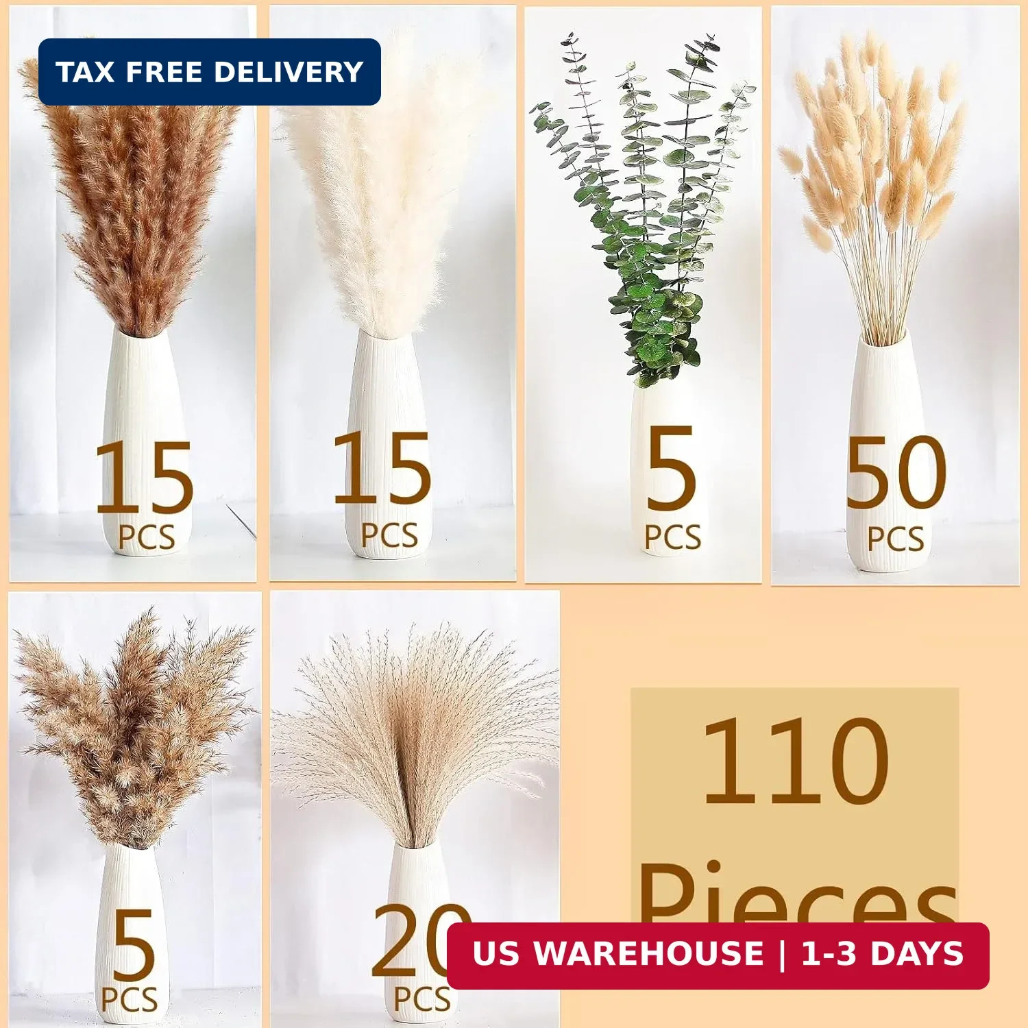 110 PCS of Boho Pampas Grass Decor, Naturally Dried Pompas, Bunny Tails Dried Fl