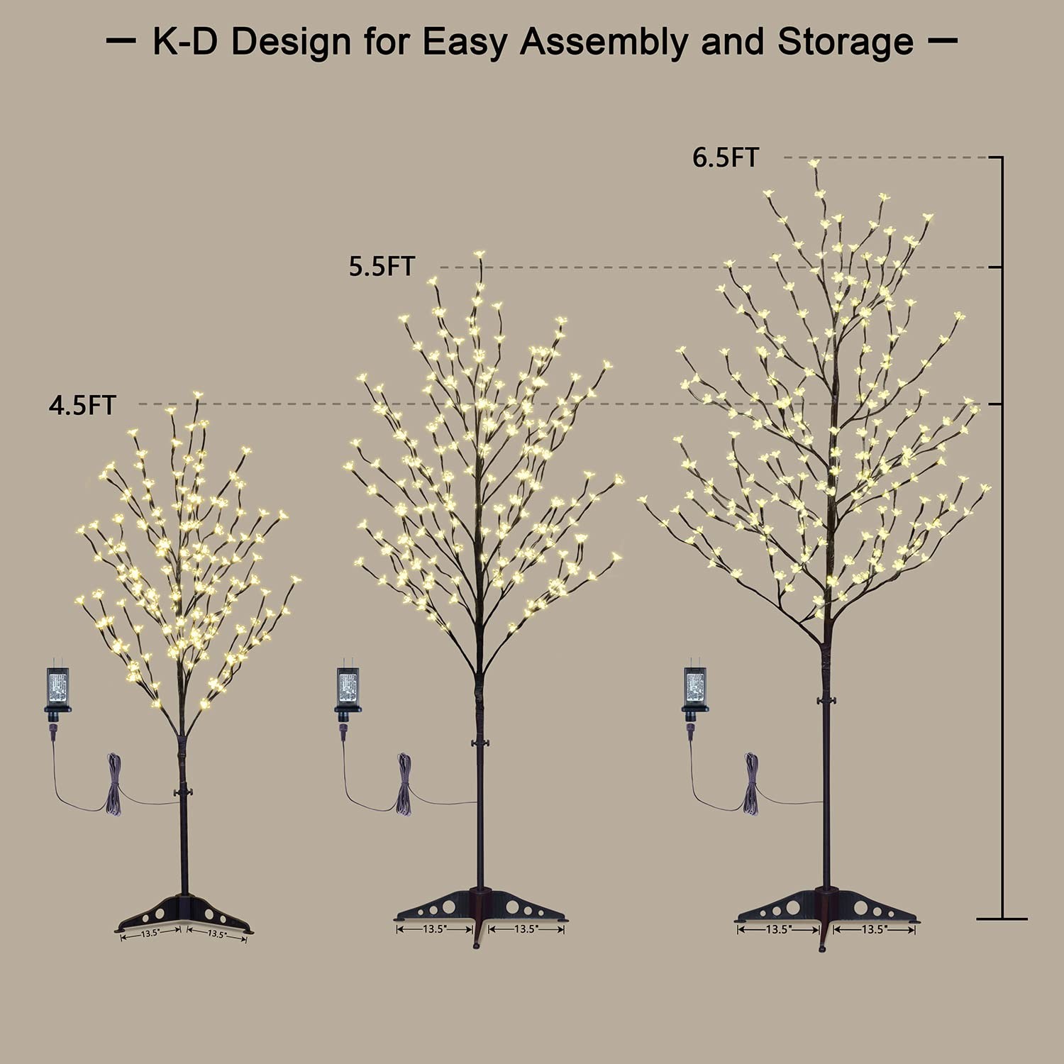 Set of 3 Cherry Blossom Trees, 4FT 5FT and 6FT Lighted Artificial Trees for D…