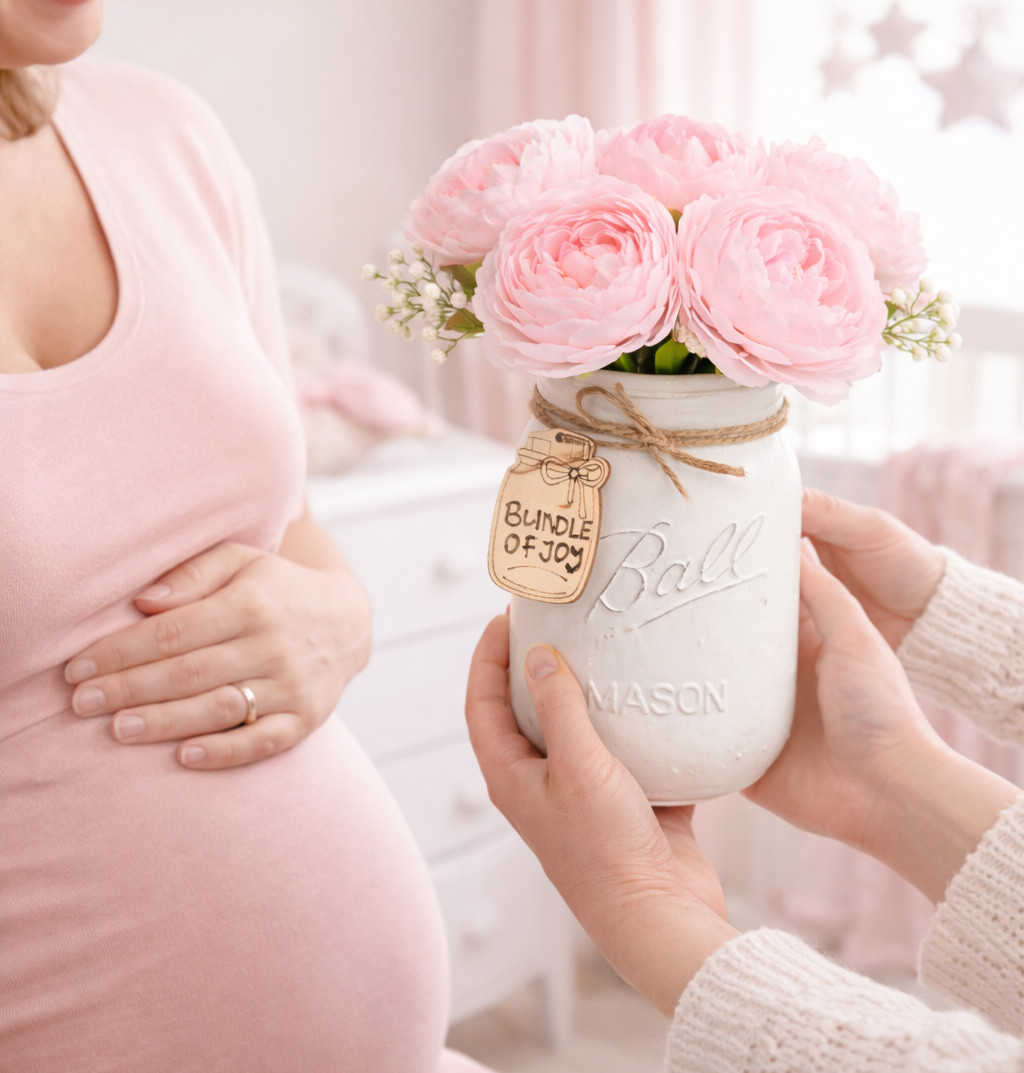 Pink Peony Custom Tag Mason Jar Arrangement Baby Shower Centerpiece Home Decor