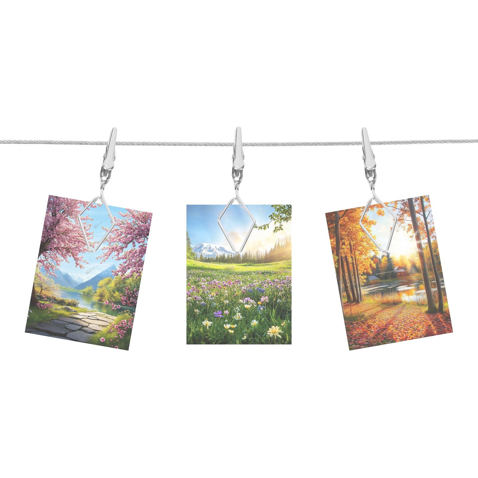 2pcs Wall Hanging Photo Display Cable Wire Rod with 20 Rhombus Clips, Silver,5Ft