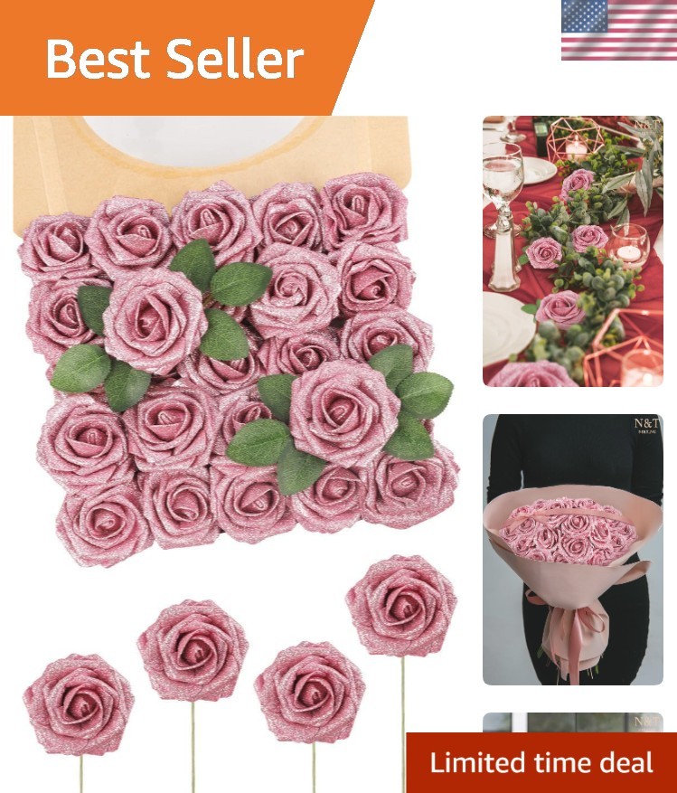 Elegant 25pcs Dark Pink Foam Roses with Leaves – Perfect for Weddings & DIY