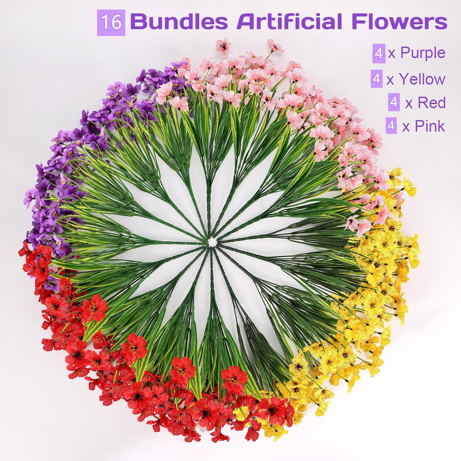 Artificial Mums Flowers for Outdoors, 16 Bundles UV Resistant Fake Plastic Color