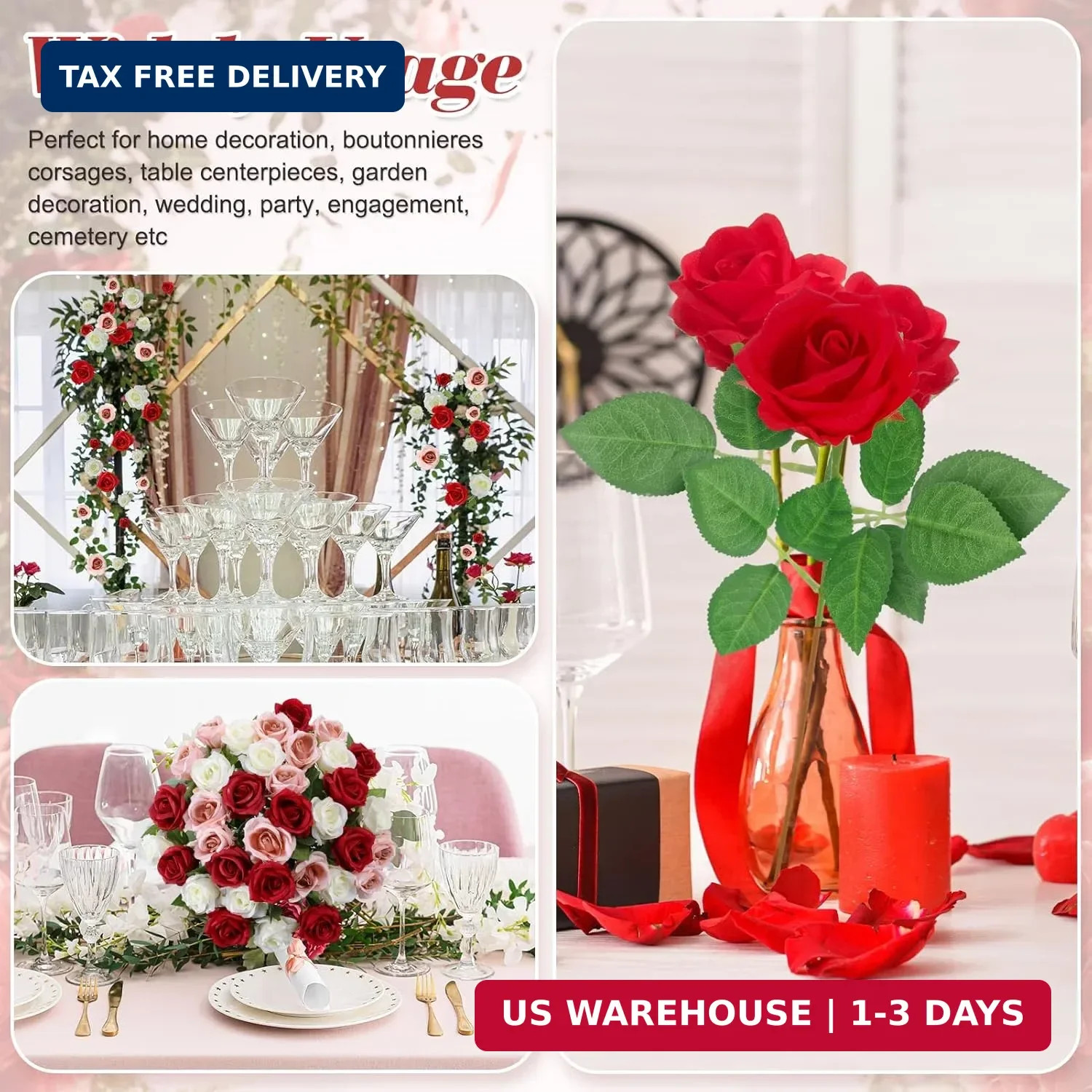 36 Pcs Red White Pink Artificial Roses with Long Stems, Fake Silk Rose Artificia