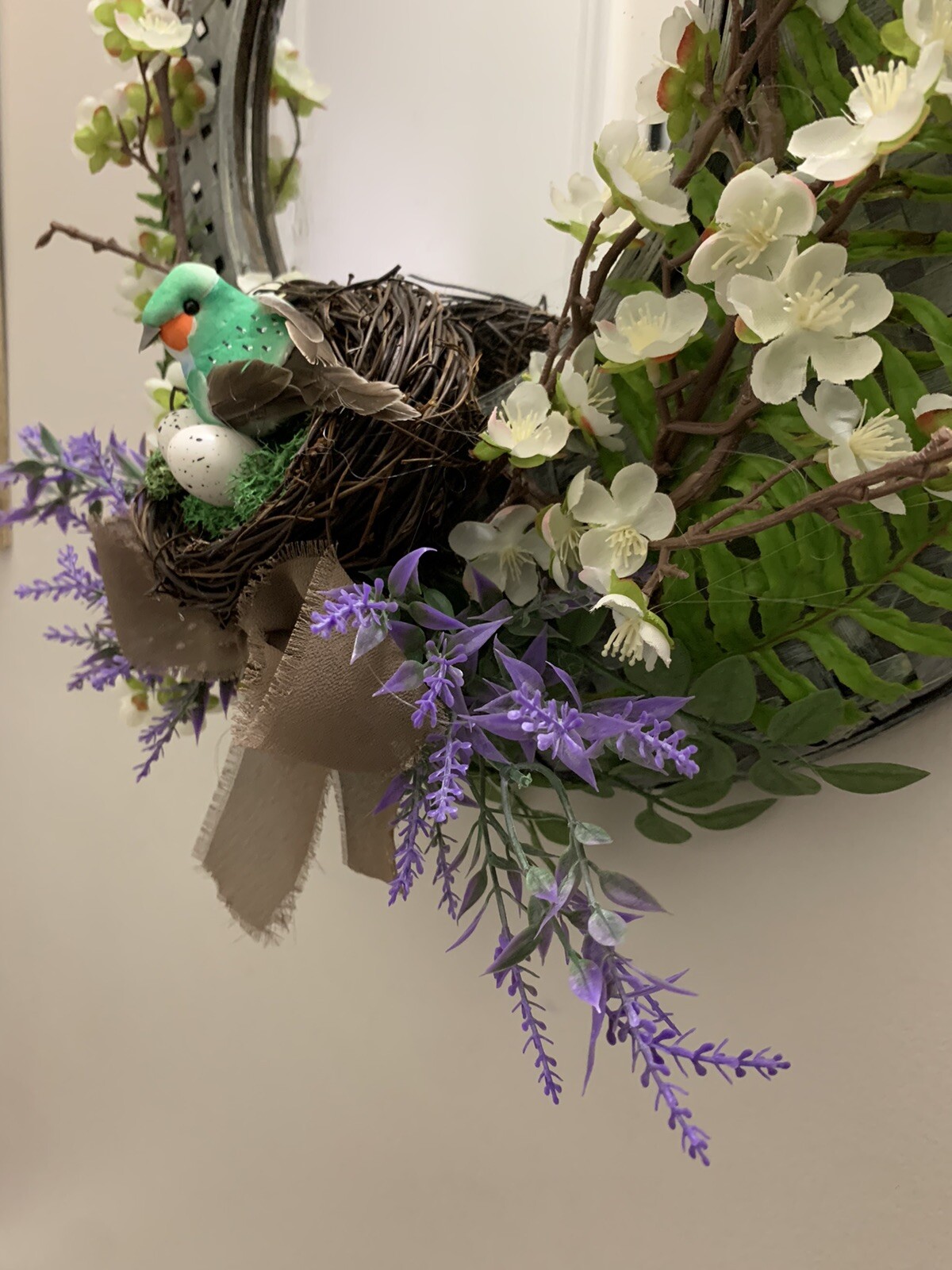Hand Made Wicker Mirror Flower Bird Nest Wall Hanging Floral Arrangement ￼