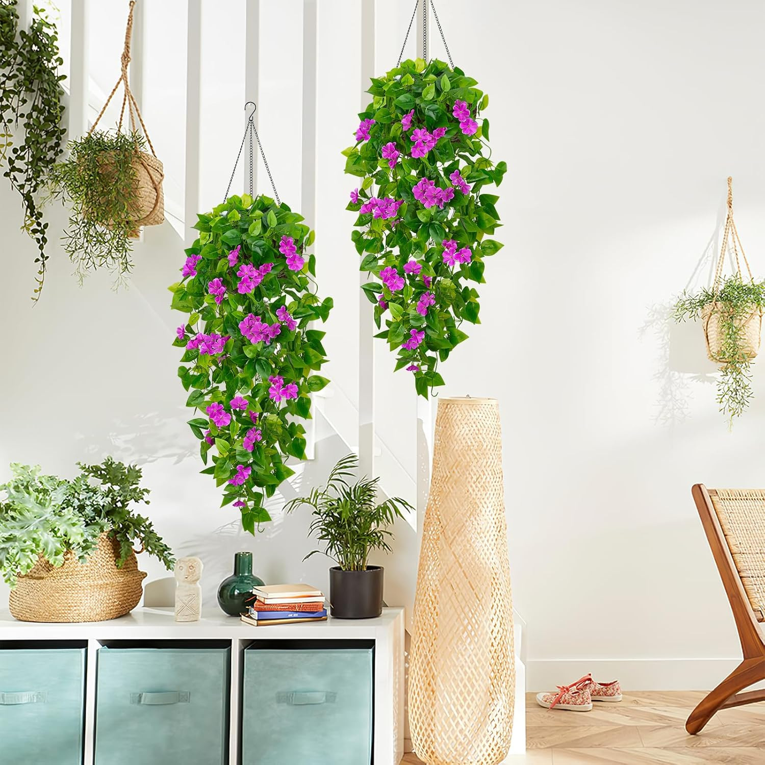 Artificial Hanging Flowers for Outdoors, 2pcs Fake Hanging Plants Pothos Vines w