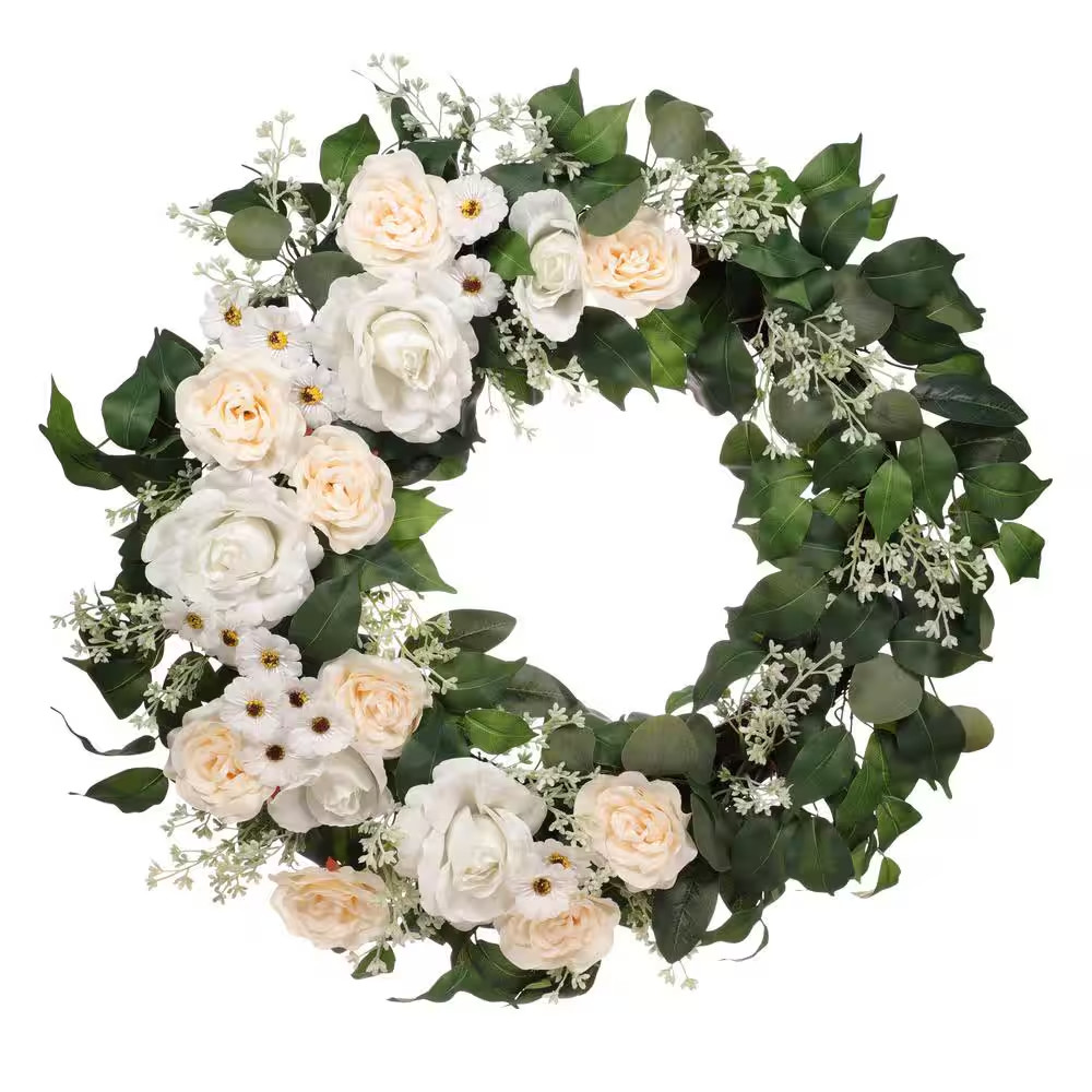 30 In. Artificial Rose, Camellia, Babysbreath Floral Spring Wreath with Green Le