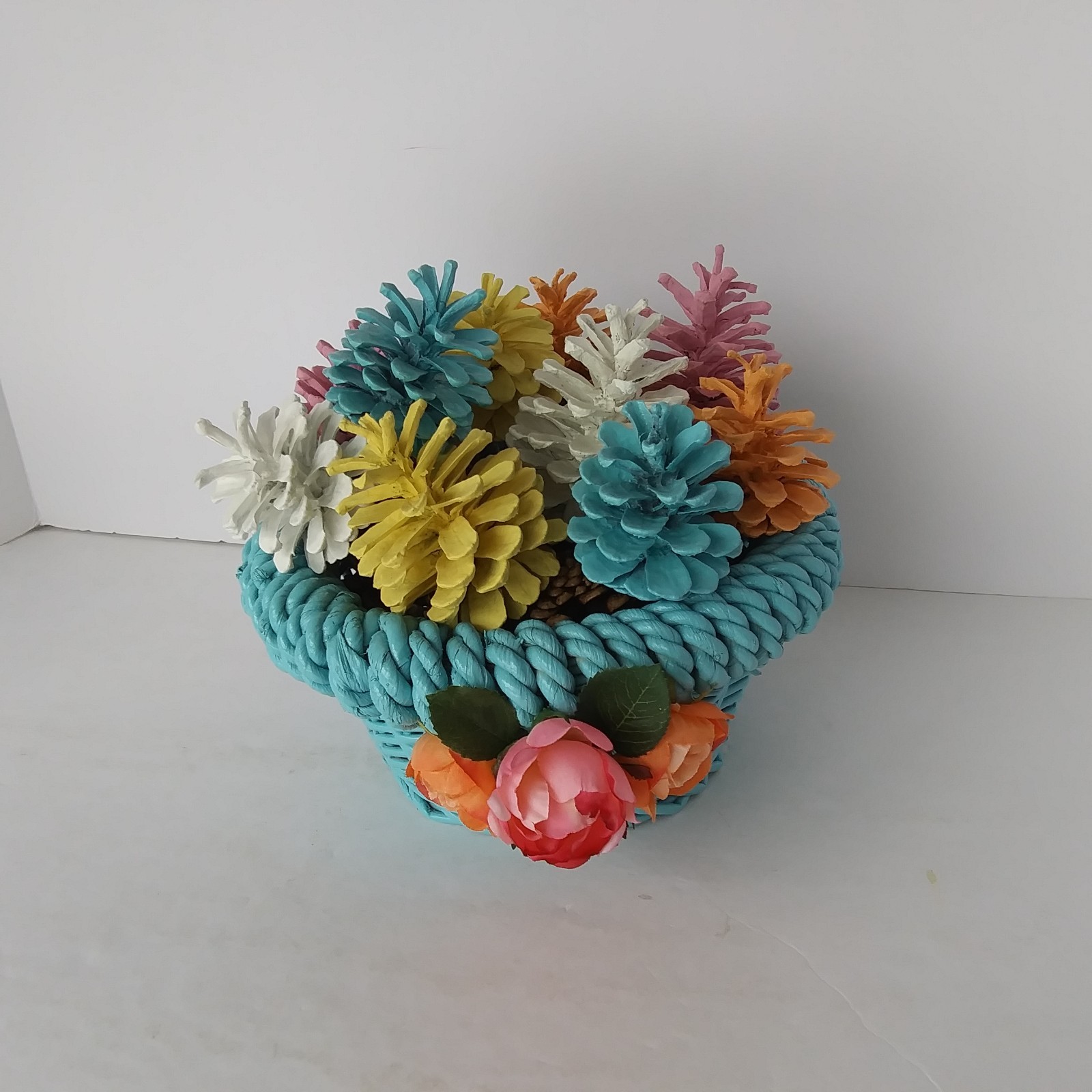 Colorful Pinecone Floral Basket Arrangement Teal Woven Pot Spring Decor Reversib