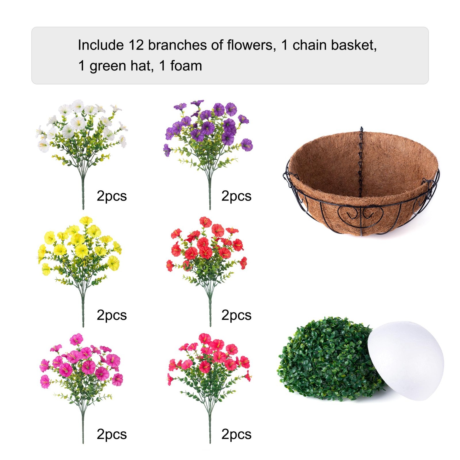 Faux Hanging Flowers Basket – UV Resistant Silk Morning Glory & Eucalyptus for I