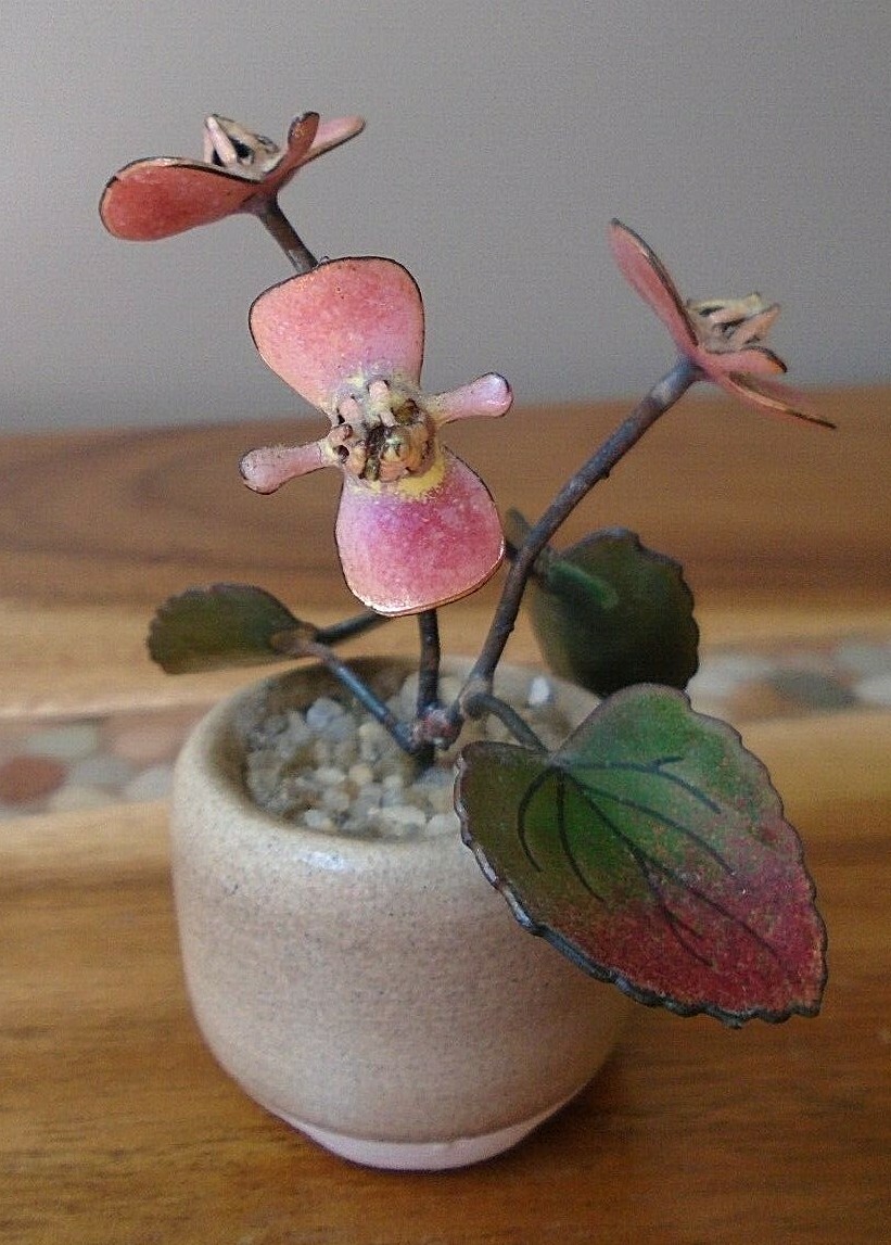 Mini Enamel & Metal Floral Arrangement in Glazed Planter
