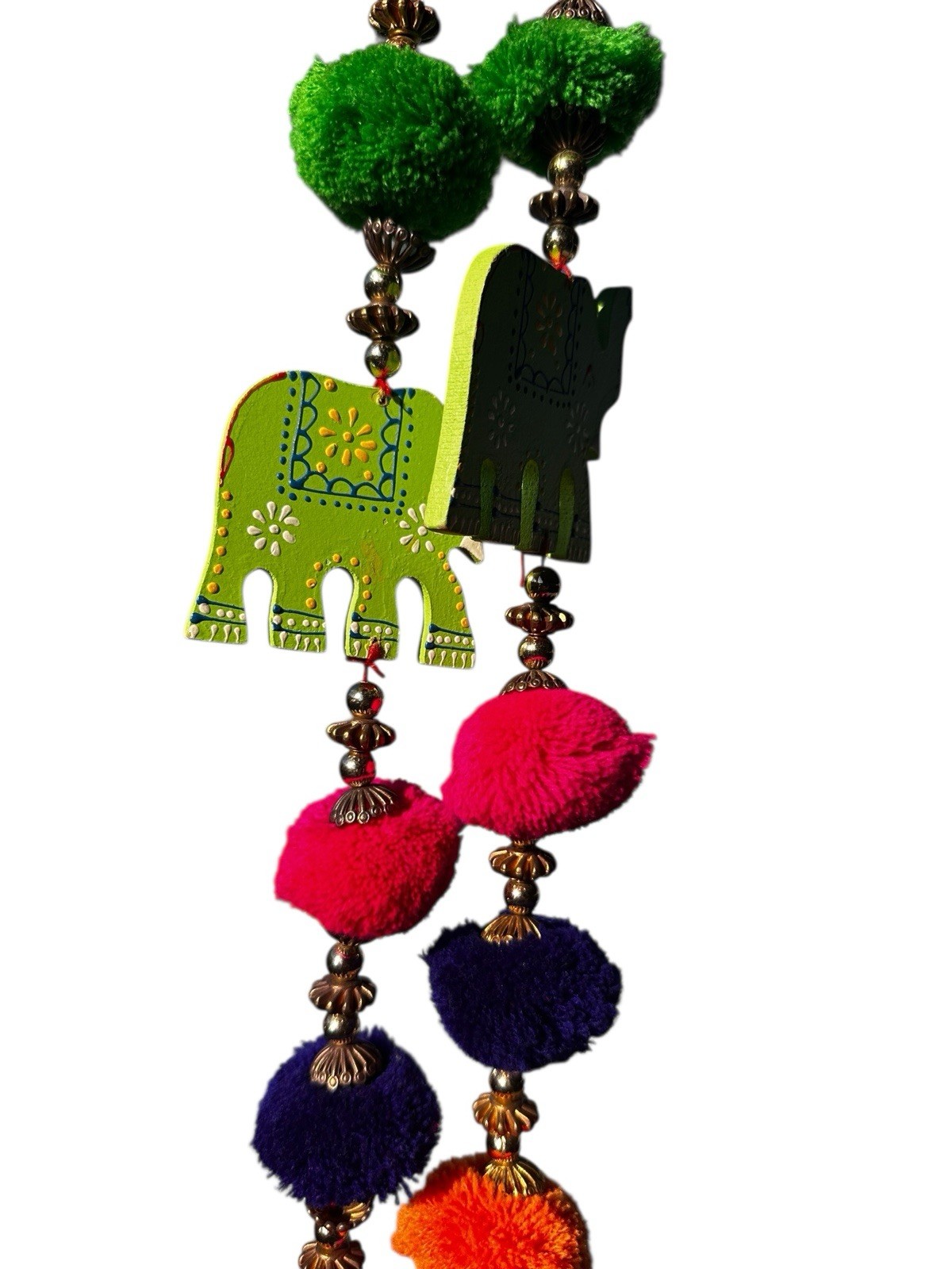 Elephant Garlands Pom Poms Wood Set of 3 Boho Indian Festival Diwali
