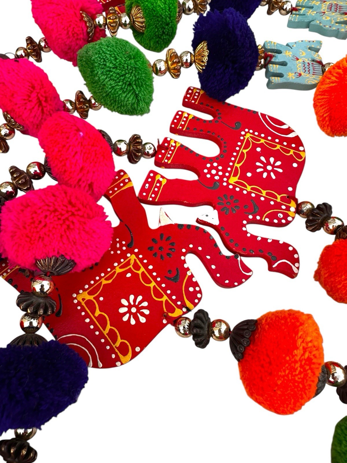 Elephant Garlands Pom Poms Wood Set of 3 Boho Indian Festival Diwali
