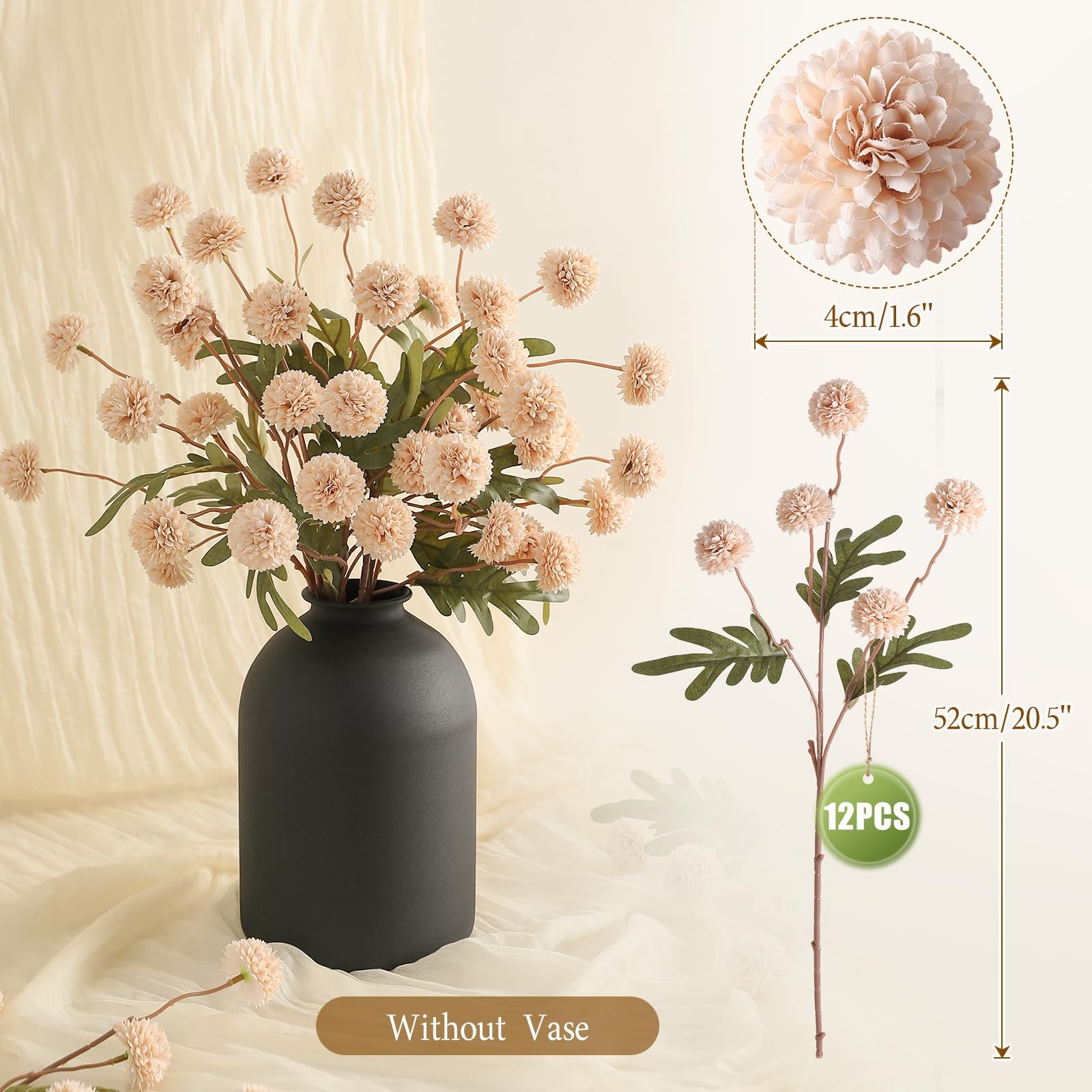 Artificial Pompon Mums Flowers, 12 Long Stems of Faux Kiku Mums, Fake Silk Fl…