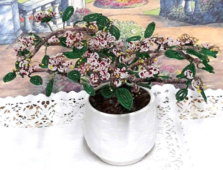Vintage Crafted Seed Bead Cherry Blossom Bonsai Tree Arrangement in Ceramic Pot
