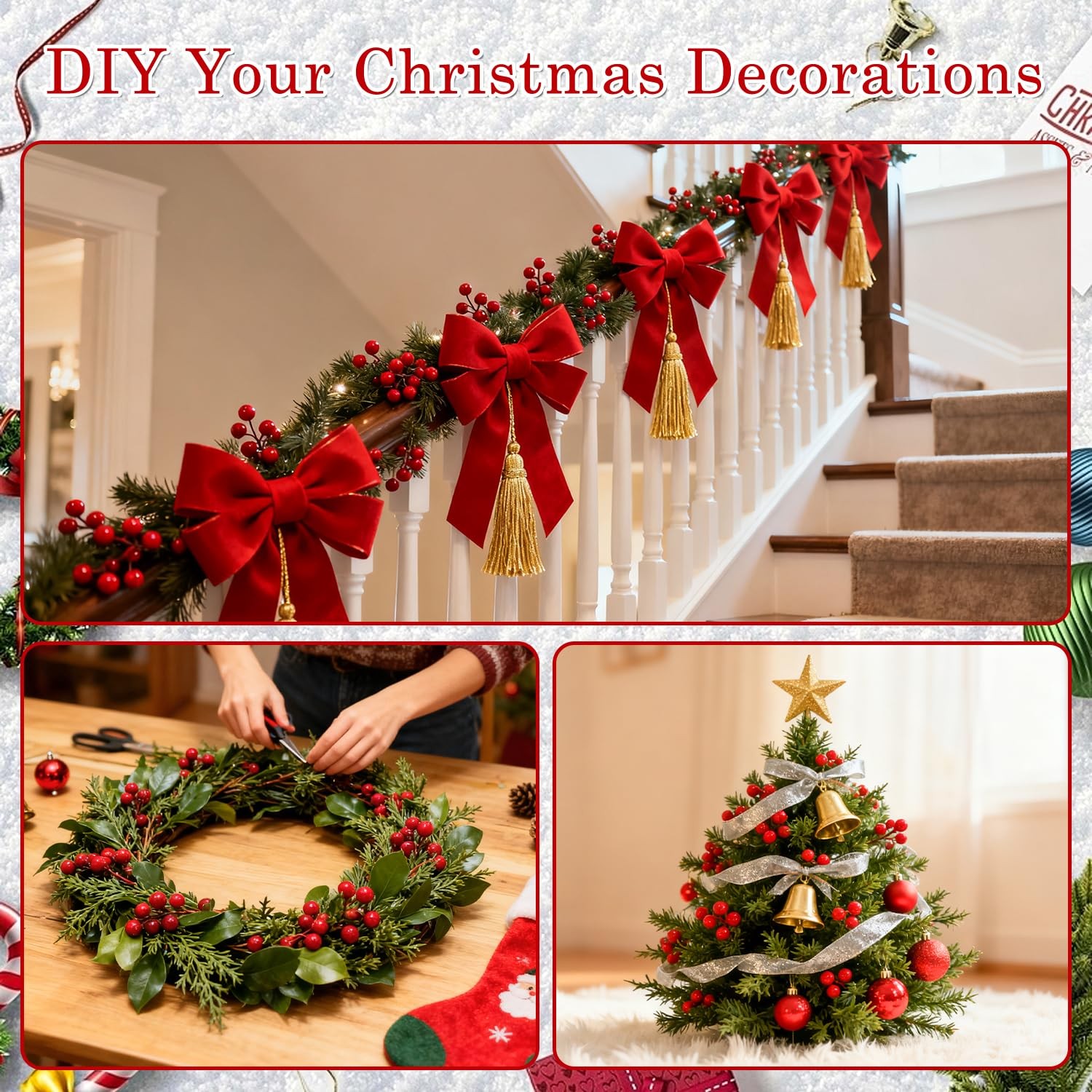50 Pcs Christmas Artificial Pine Branches with Red Berry Stems, Fake Pine Nee…