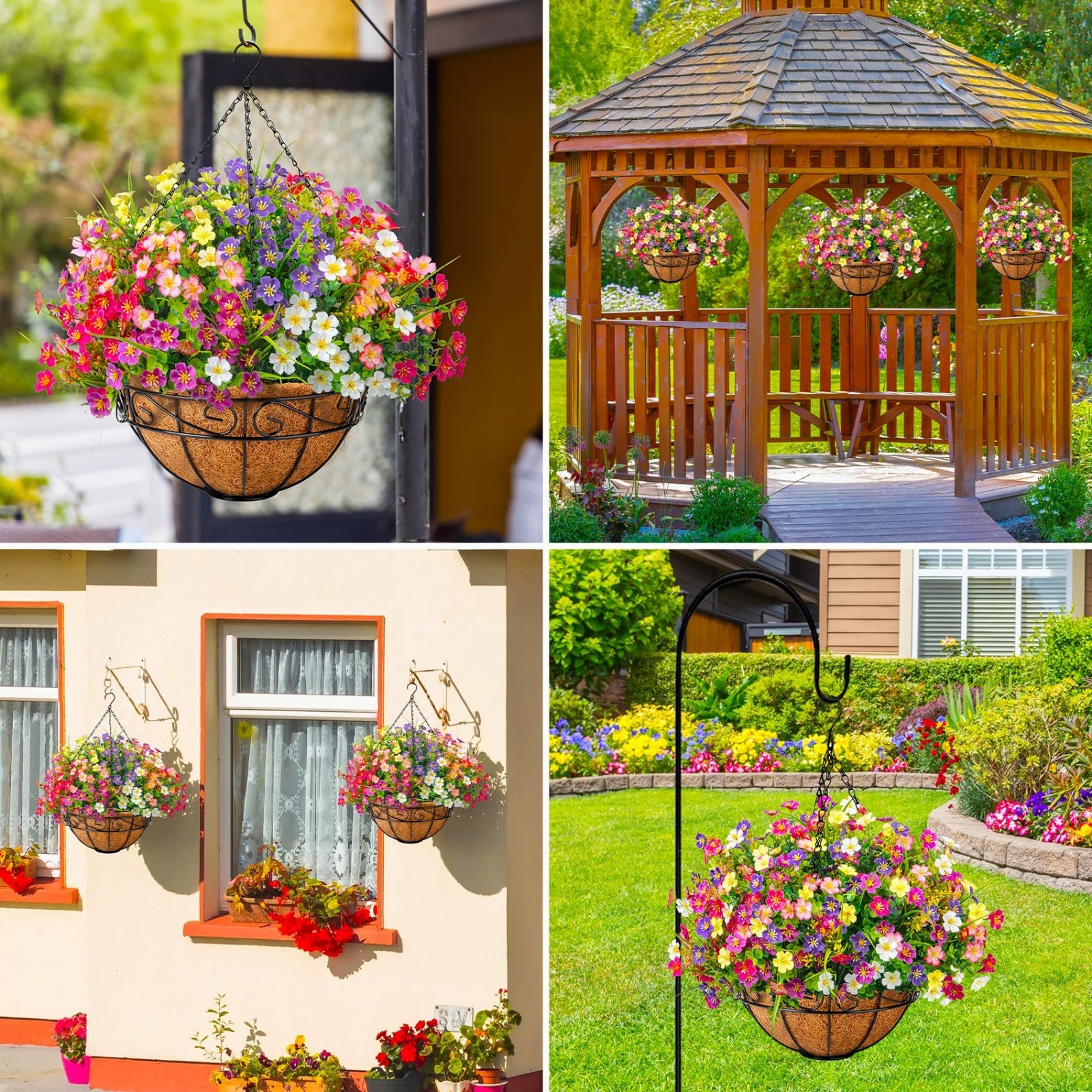 Faux Hanging Flowers in Coconut Basket – Vibrant Silk Plants for Outdoor Decor,