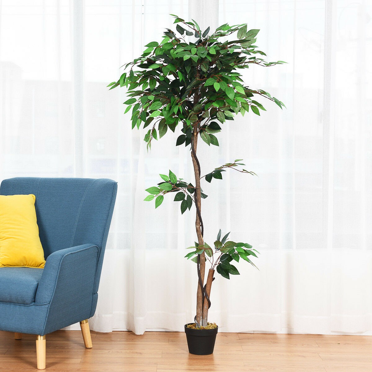 Costway 5.5FT Artificial Ficus Silk Tree Wood Trunks Green In/Patio Home Décor