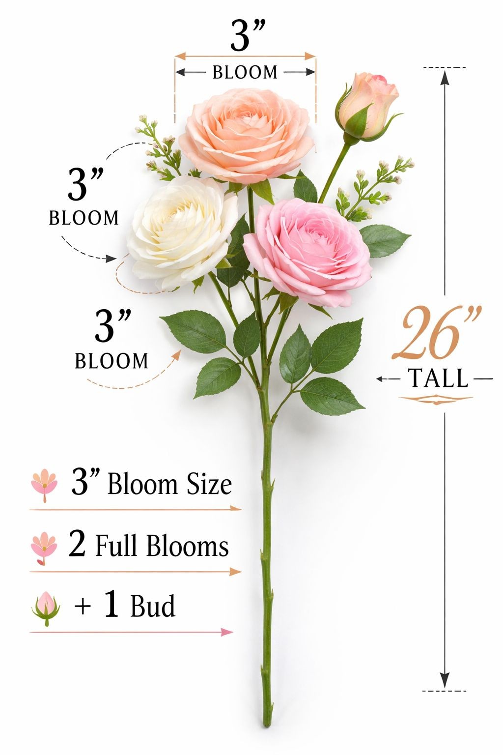 White Pink Peach Artificial Roses Gift Bouquet Wrapped Real Touch Rose Stems 26
