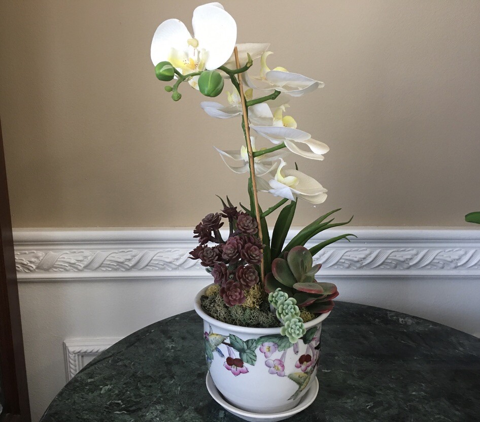 Silk Floral Arrangement White Orchids, Purple and green succulents Hummingbird