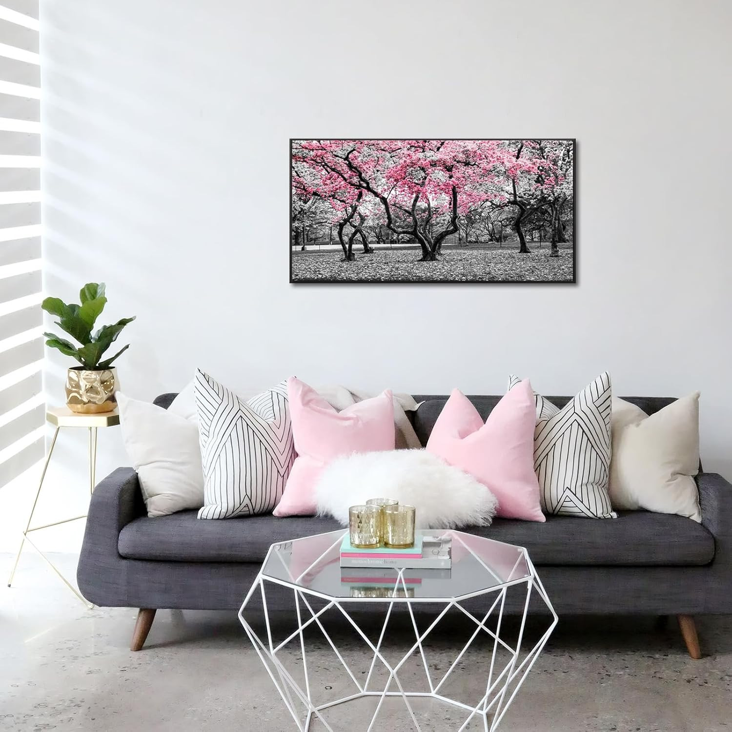 Cherry Blossom Trees Canvas Art with Black Floater Frame – NYC Park Decor