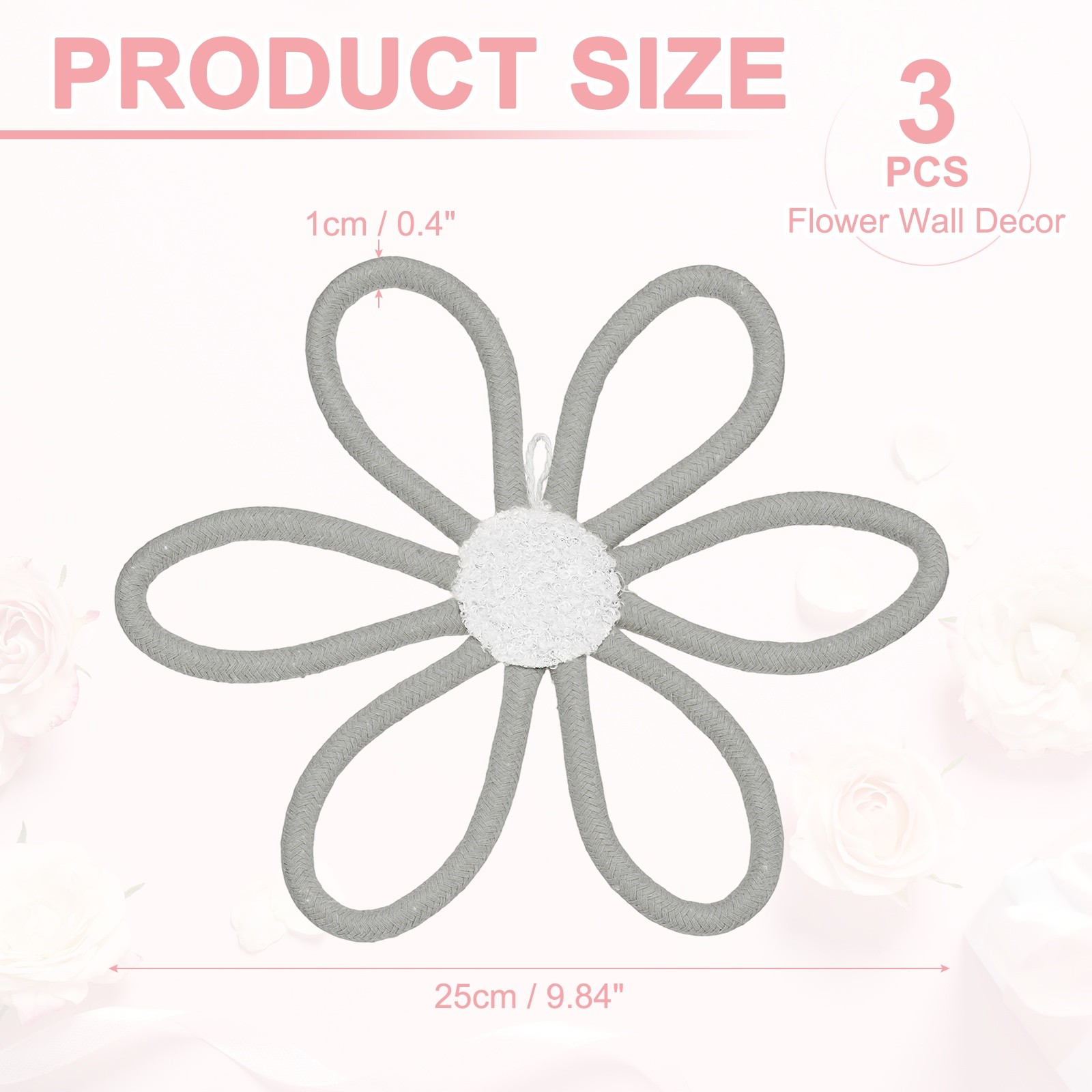 3Pcs Daisies Floral Wall Decor 10″ Flower Art Decor Woven Macrame Light Gray,
