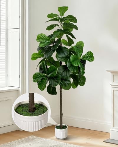 Artificial Fiddle Leaf Fig Tree 6FT – Large Fake Trees with White Planter, Tall